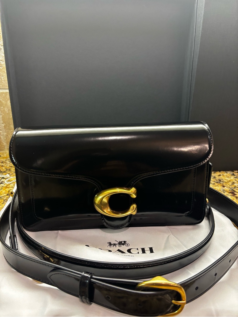 Coach Black Patent Shoulder Bag with Gold 'C' Accent